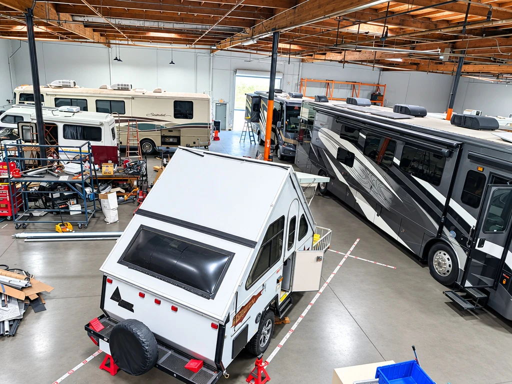 A-frame camper trailer in the El Toro RV Service bay beside a Class A motorhome