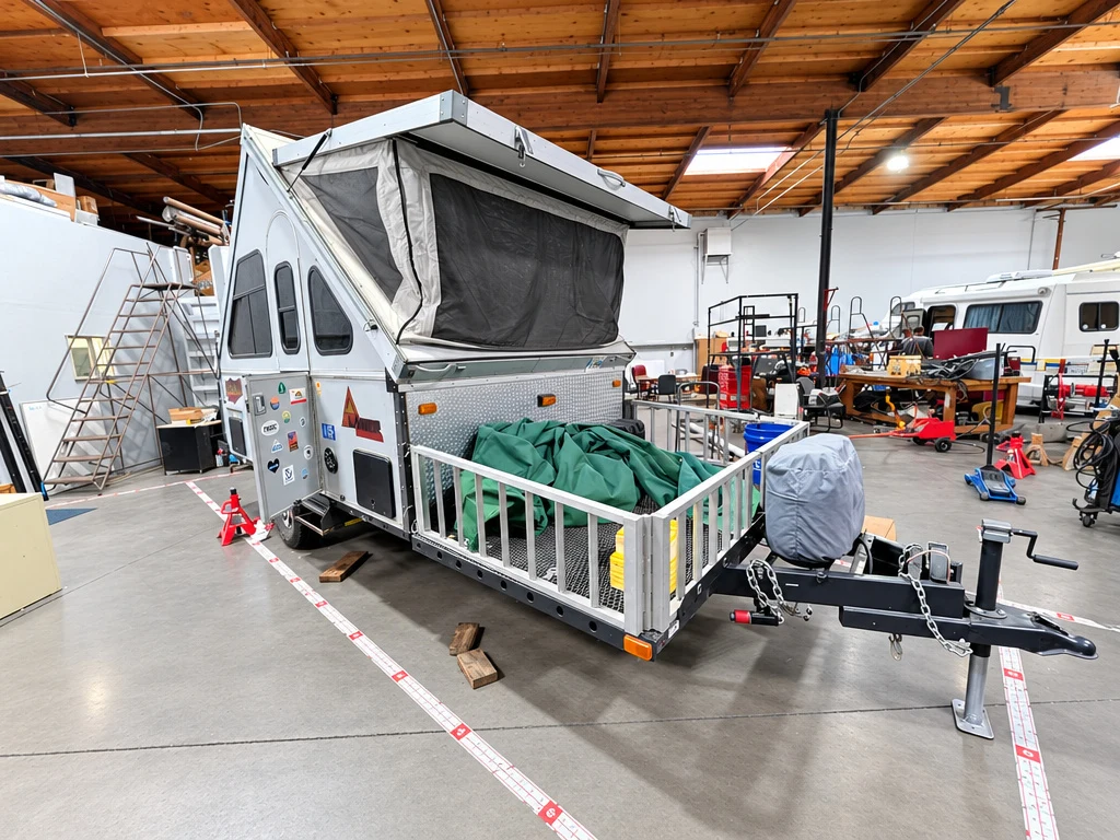 A-frame folding camper trailer in for repair at El Toro RV Service