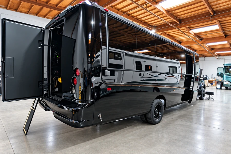 Glossy black Class A motorhome in the El Toro RV Service shop