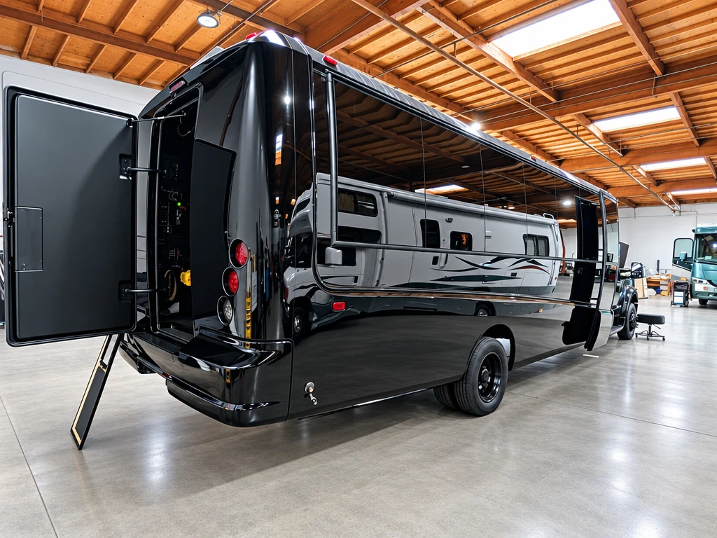 Glossy black Class A motorhome in the El Toro RV Service shop