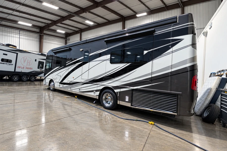 Side of a Class A diesel pusher with a clean, polished finish