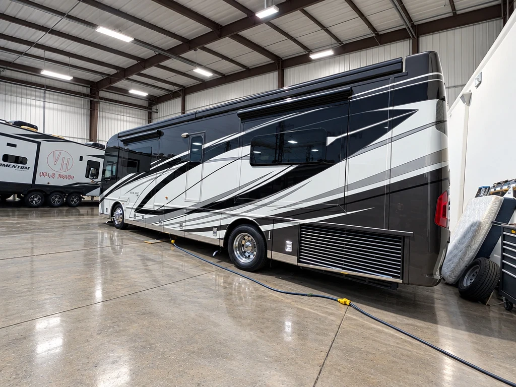 Side of a Class A diesel pusher with a clean, polished finish