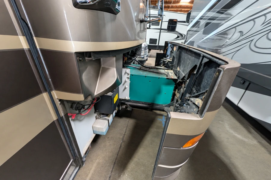 Class A motorhome front corner opened up for collision repair at El Toro RV Service