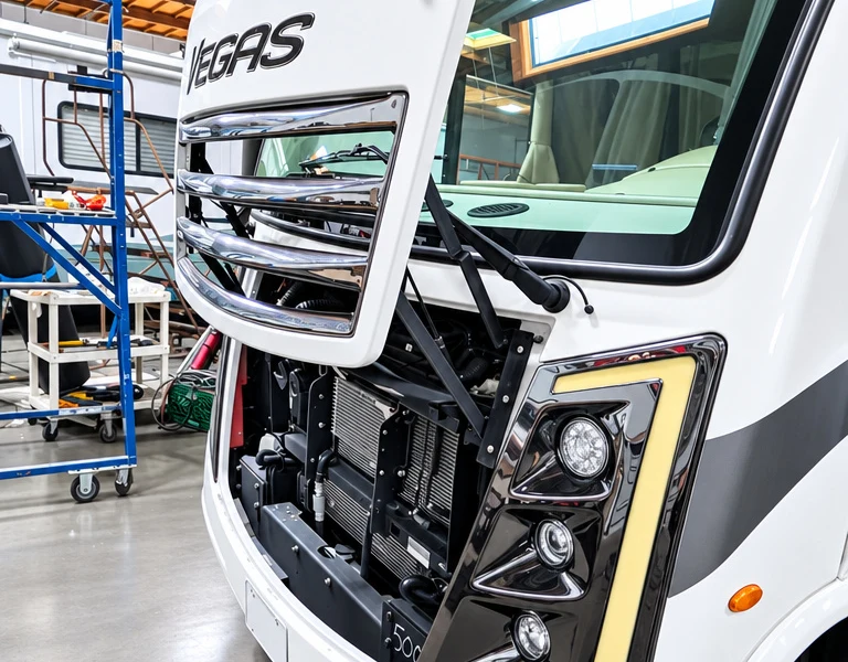 Class A motorhome with the front fascia removed during collision repair