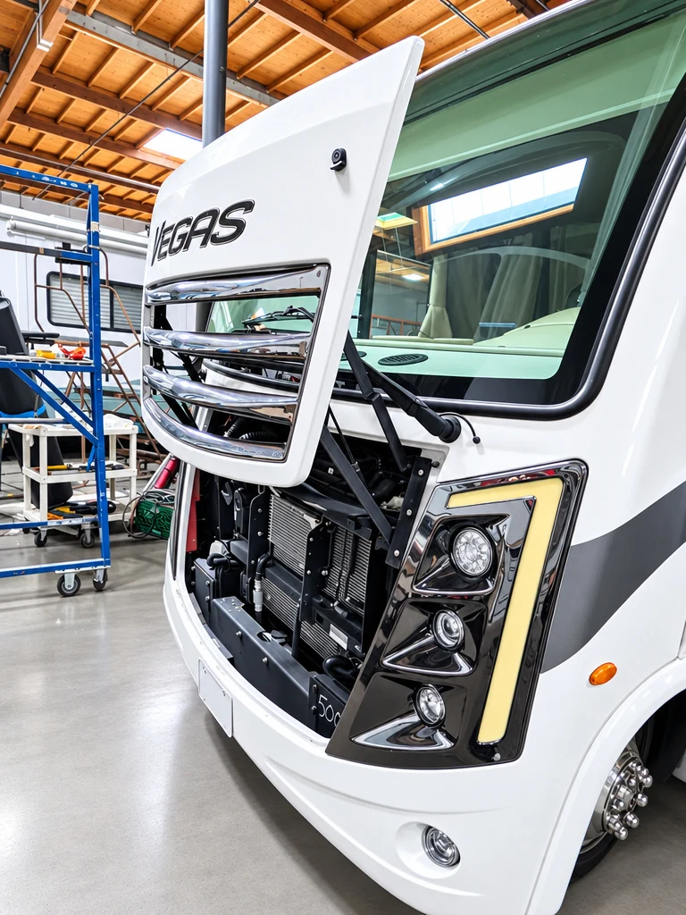 Class A motorhome with the front fascia removed during collision repair