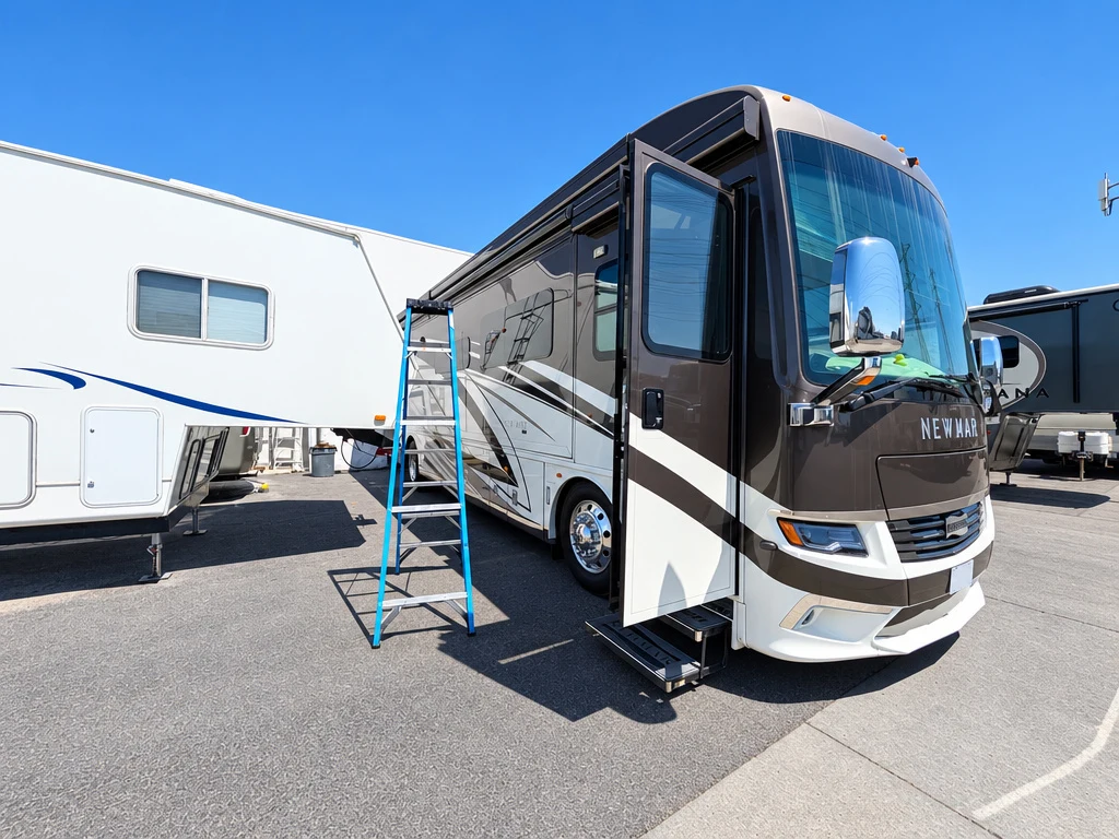 Class A motorhome with its entry door open outside El Toro RV Service