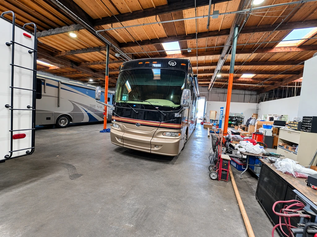 Class A motorhome parked in an indoor service bay at El Toro RV Service