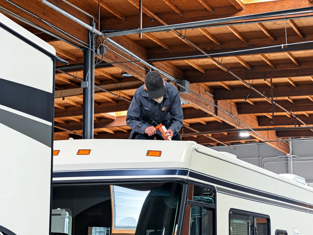 Technician inspecting the roof and front cap of a Class A motorhome
