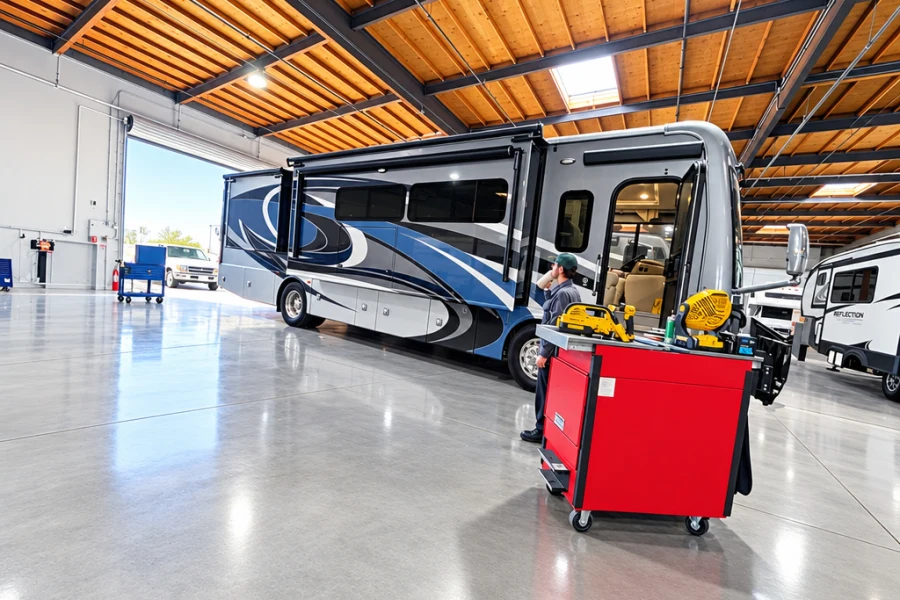 Blue Class A motorhome with a technician tool cart in a bright service bay