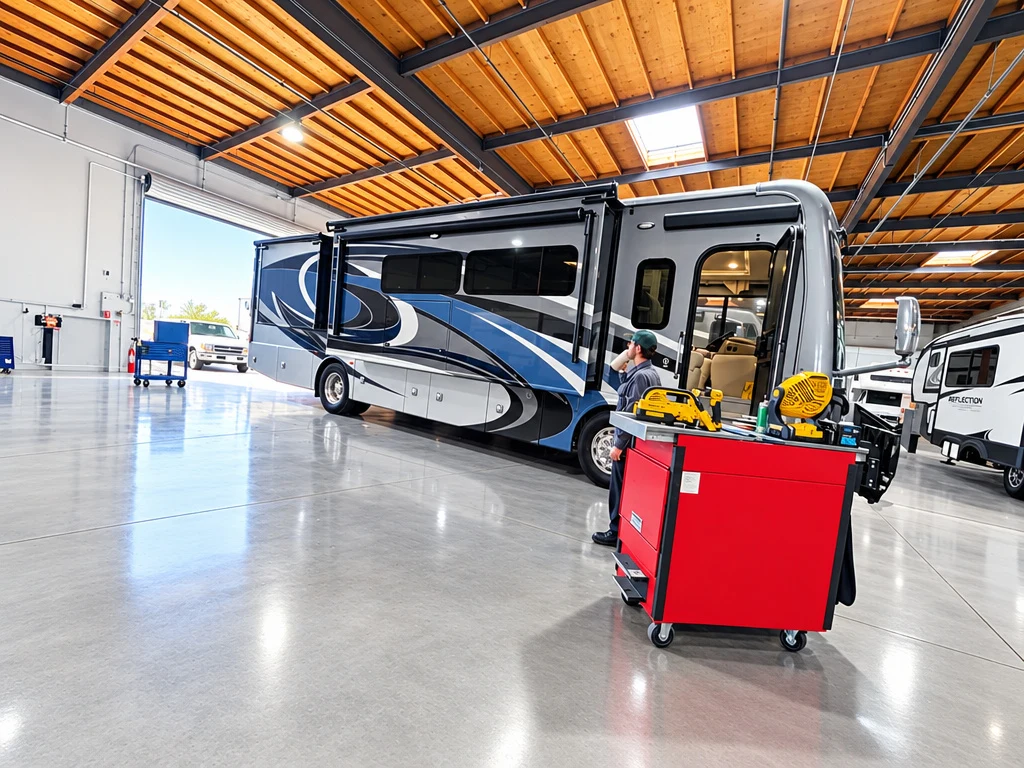 Blue Class A motorhome with a technician tool cart in a bright service bay