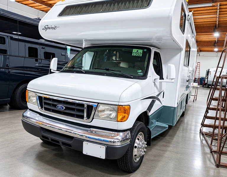 Class C motorhome with cabover in the El Toro RV Service shop