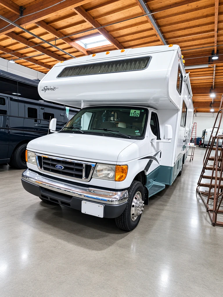 Class C motorhome with cabover in the El Toro RV Service shop