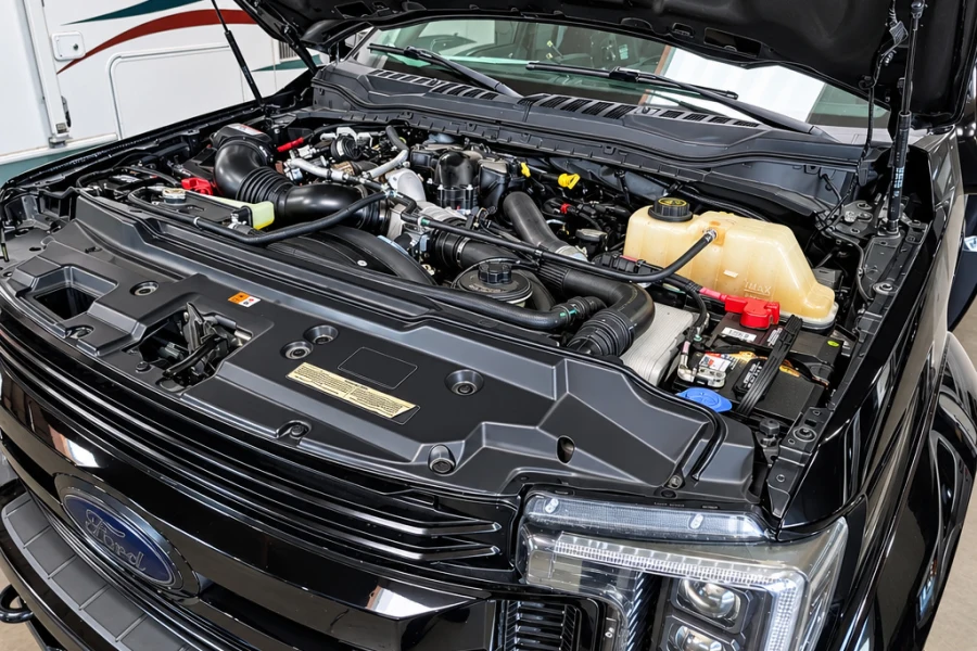 Close-up of a diesel engine bay during inspection at El Toro RV Service