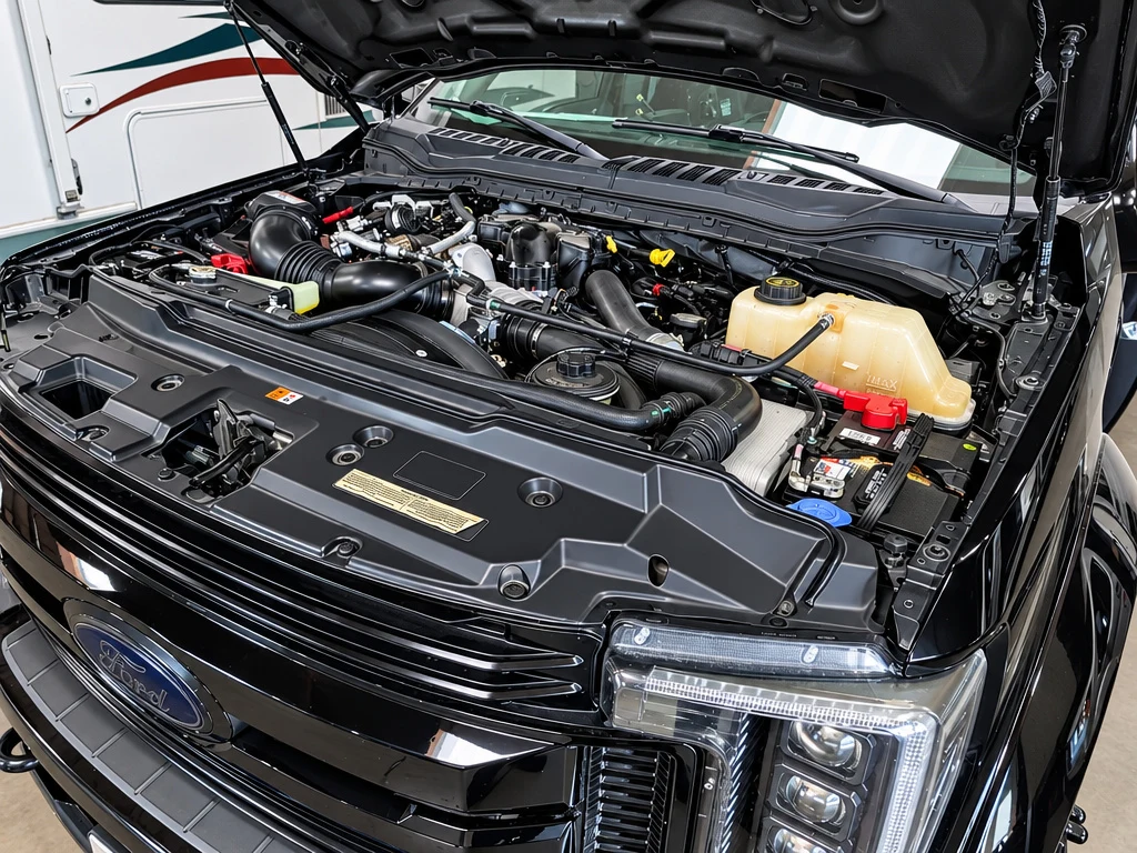 Close-up of a diesel engine bay during inspection at El Toro RV Service