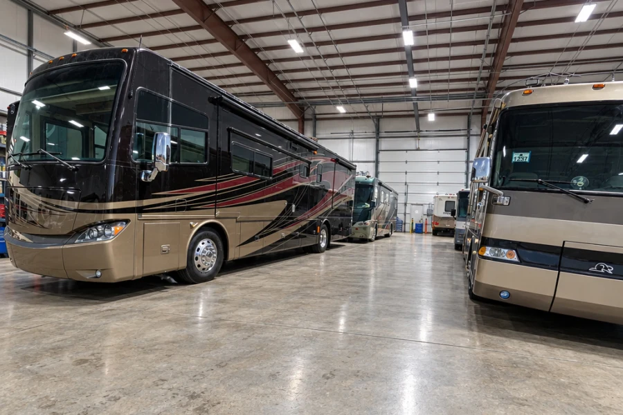 Two diesel pusher motorhomes parked in an indoor service bay