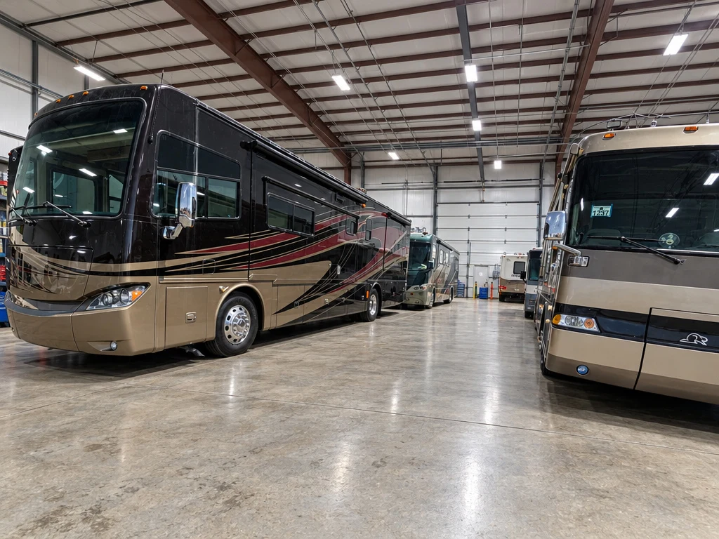 Two diesel pusher motorhomes parked in an indoor service bay