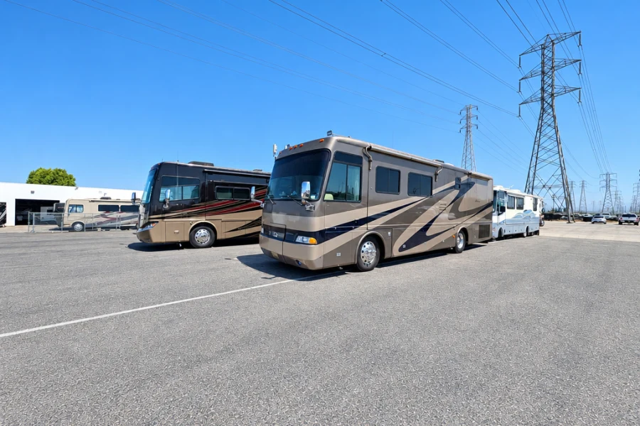 Diesel pusher motorhomes parked outside El Toro RV Service in Orange County