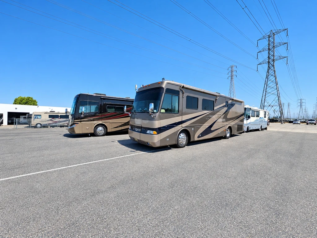Diesel pusher motorhomes parked outside El Toro RV Service in Orange County