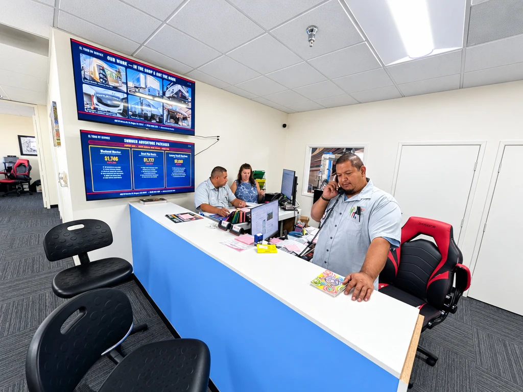 El Toro RV Service advisor on the phone with a customer at the service desk