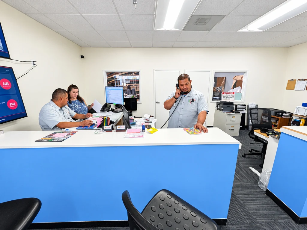 El Toro RV Service advisors helping customers at the front counter in Orange