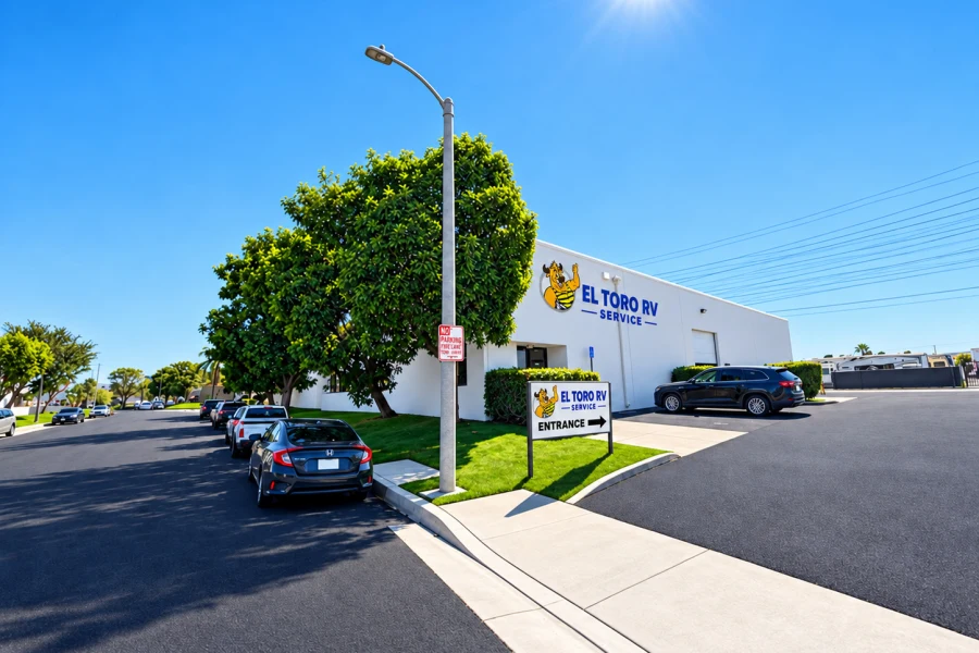 El Toro RV Service building and entrance sign on W Levers Place in Orange, California