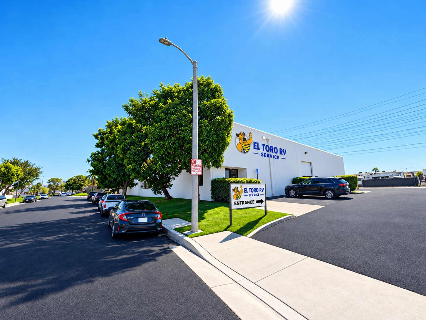 El Toro RV Service building and entrance sign on W Levers Place in Orange, California