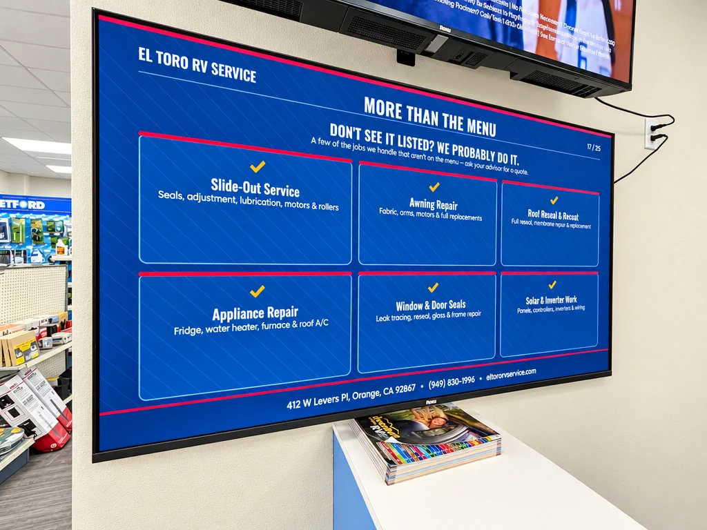 El Toro RV Service screen listing slide-out, awning, roof reseal, appliance, seal and solar work