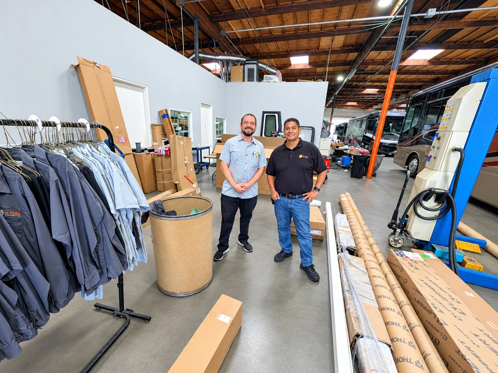 Two members of the El Toro RV Service team standing in the shop