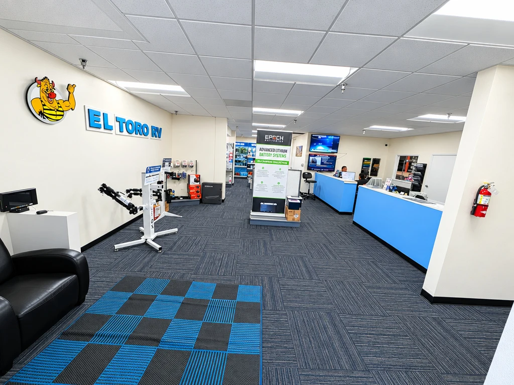 Customer waiting area with seating and the El Toro RV logo at El Toro RV Service