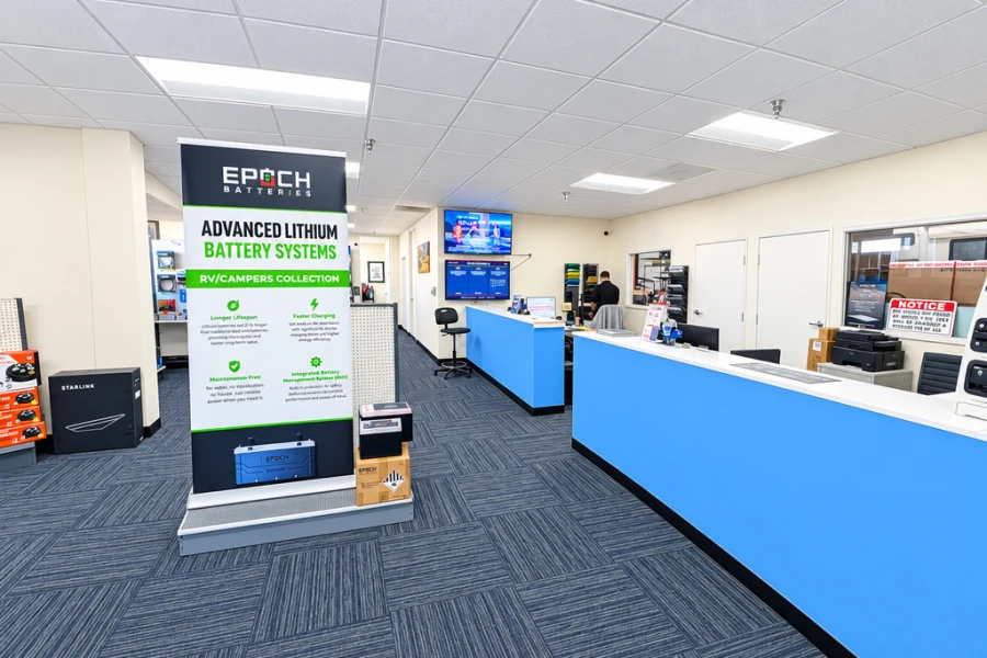 Epoch advanced lithium battery systems display in the El Toro RV Service lobby