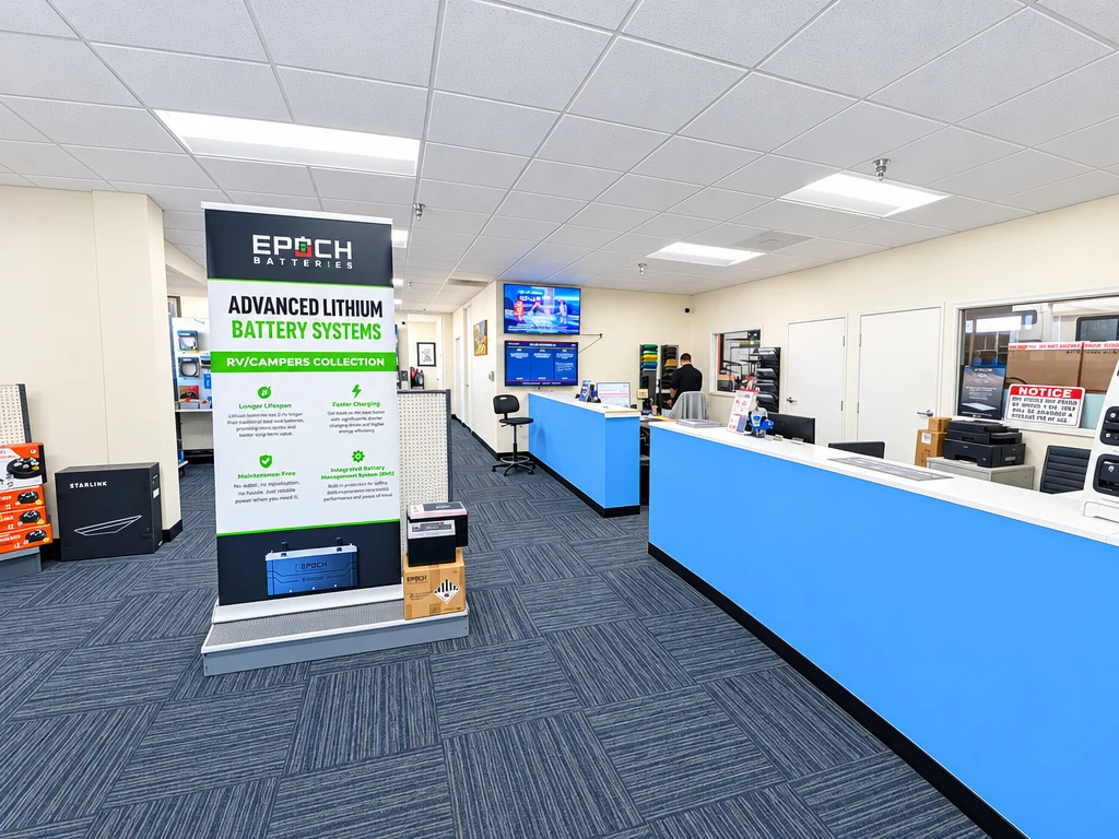 Epoch advanced lithium battery systems display in the El Toro RV Service lobby
