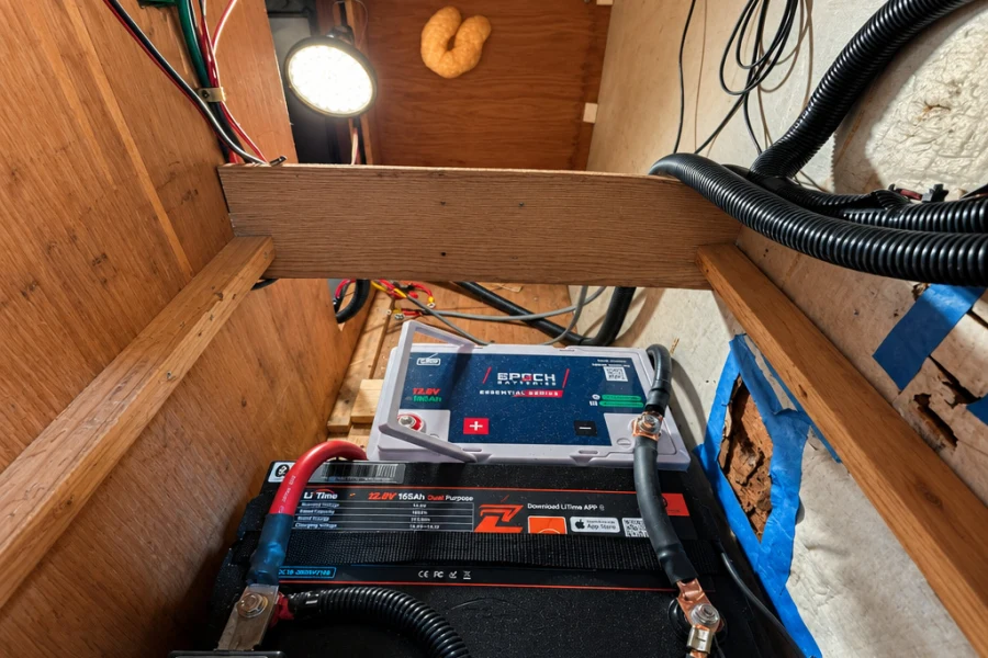 Lithium battery installed in an RV battery compartment at El Toro RV Service