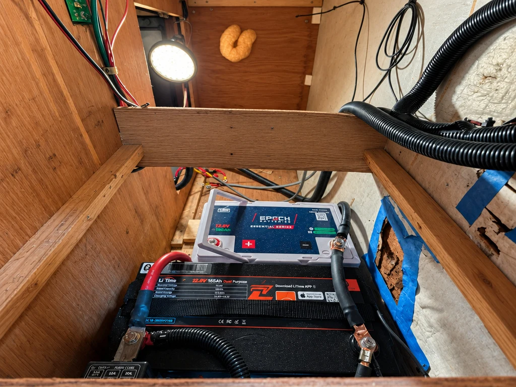 Lithium battery installed in an RV battery compartment at El Toro RV Service
