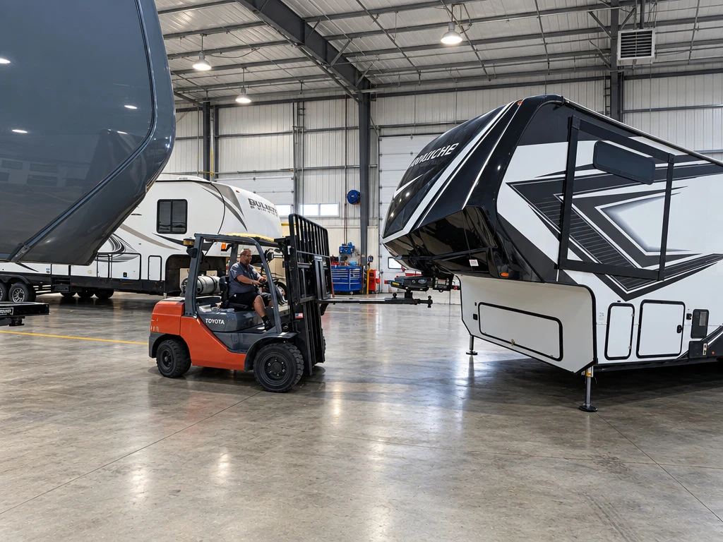 Forklift positioning a fifth wheel trailer in an indoor service bay