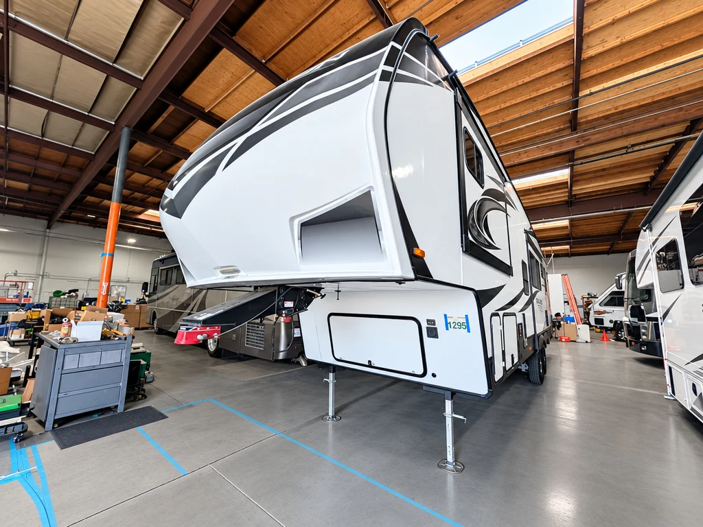 Fifth wheel trailer on its landing gear in the El Toro RV Service shop