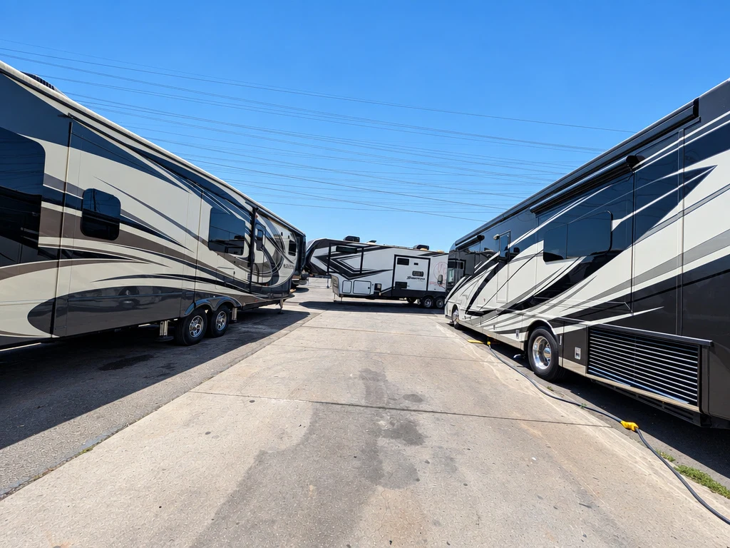 Row of fifth wheels and motorhomes lined up for service in Orange, CA
