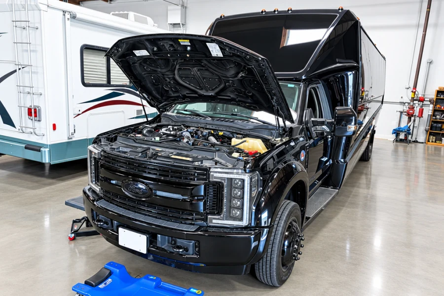 Ford Super Duty diesel truck with the hood open for engine service