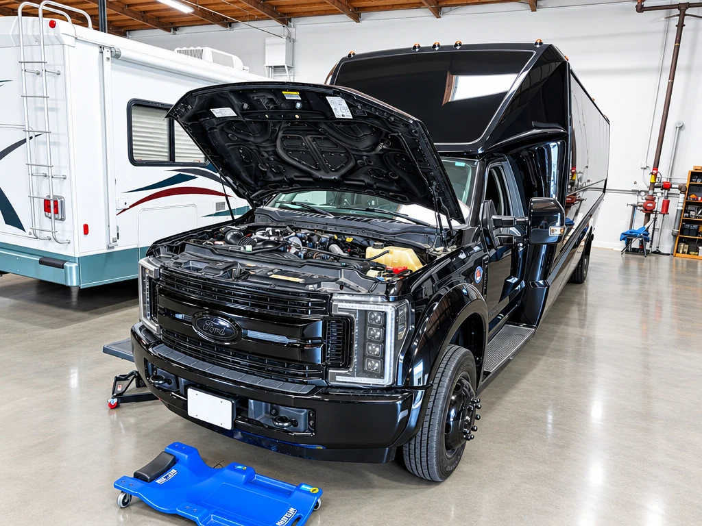 Ford Super Duty diesel truck with the hood open for engine service