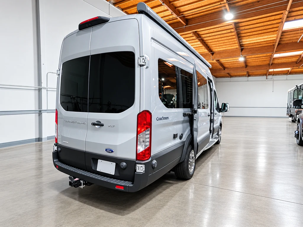 Ford Transit camper van in the El Toro RV Service shop