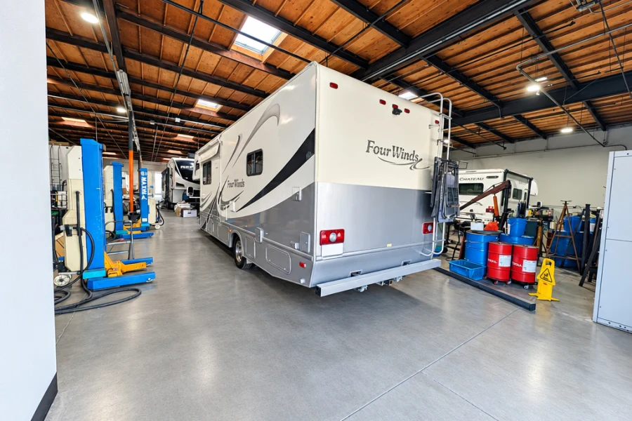 Thor Four Winds Class C motorhome in the El Toro RV Service shop
