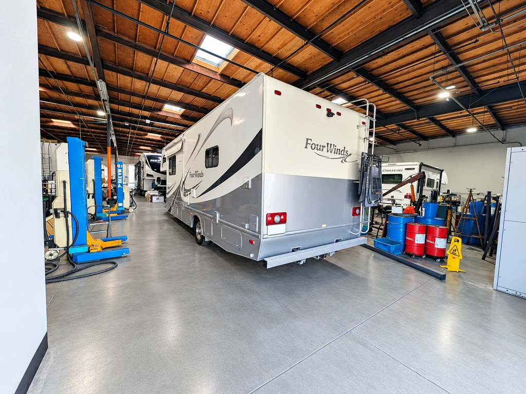 Thor Four Winds Class C motorhome in the El Toro RV Service shop