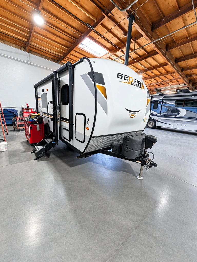 Forest River Geo Pro travel trailer in the El Toro RV Service shop