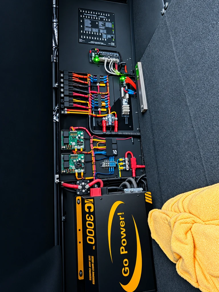 Go Power solar inverter panel mounted inside an RV
