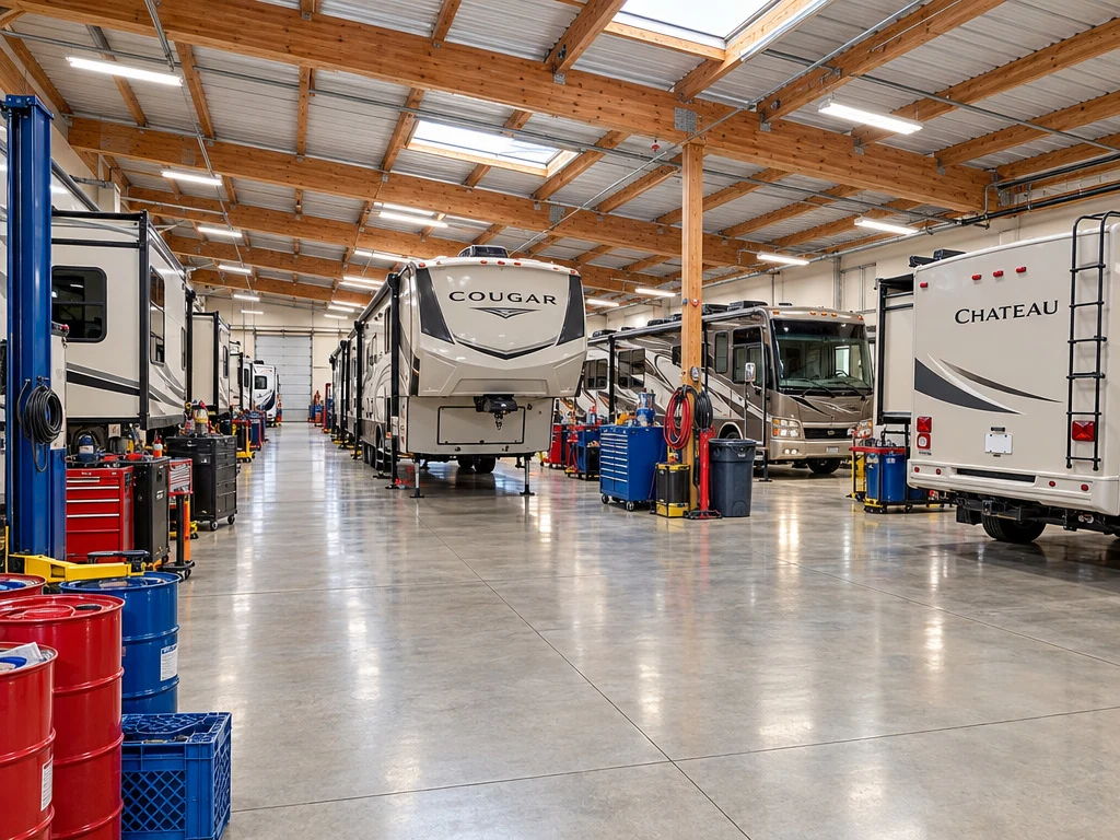 Long indoor service aisle filled with motorhomes and trailers at El Toro RV Service