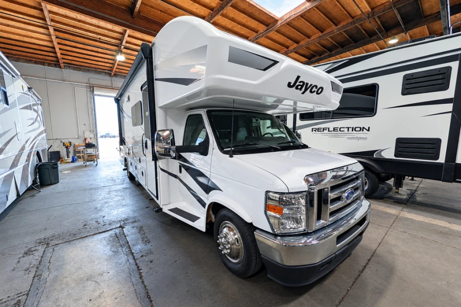 Jayco Class C motorhome in the El Toro RV Service shop in Orange, CA