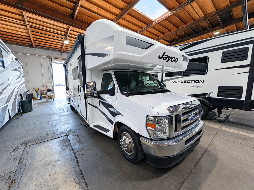 Jayco Class C motorhome in the El Toro RV Service shop in Orange, CA