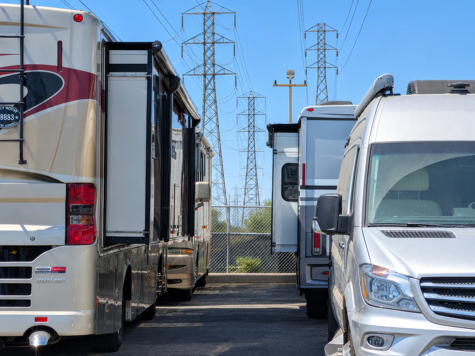 Mercedes-Benz Sprinter van parked between motorhomes at El Toro RV Service