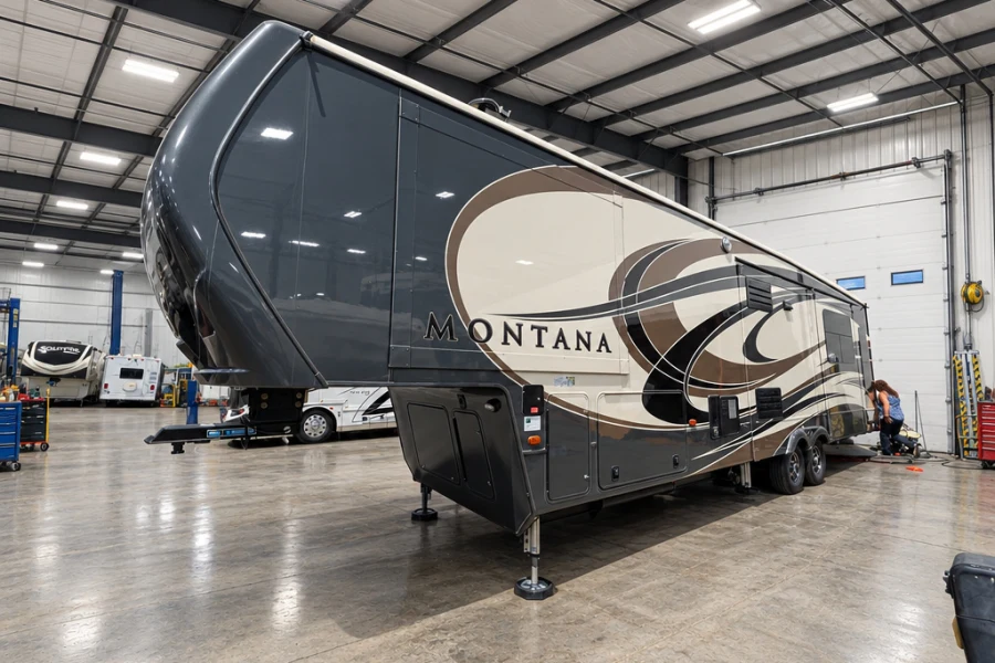 Keystone Montana fifth wheel with a polished finish inside the service bay