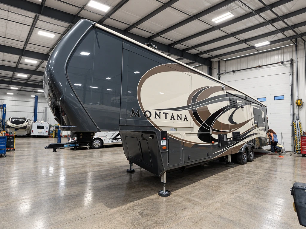 Keystone Montana fifth wheel with a polished finish inside the service bay