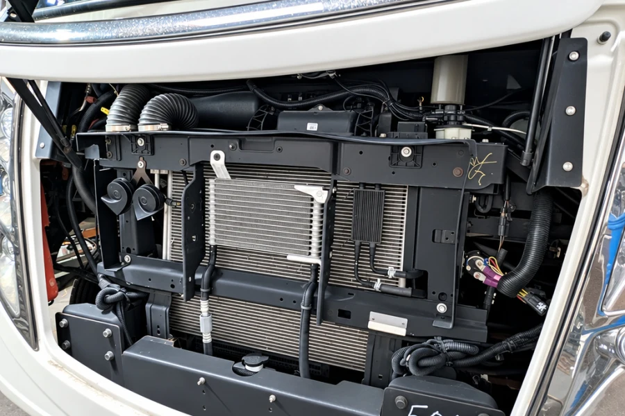 Motorhome radiator and front frame exposed during a front cap collision repair